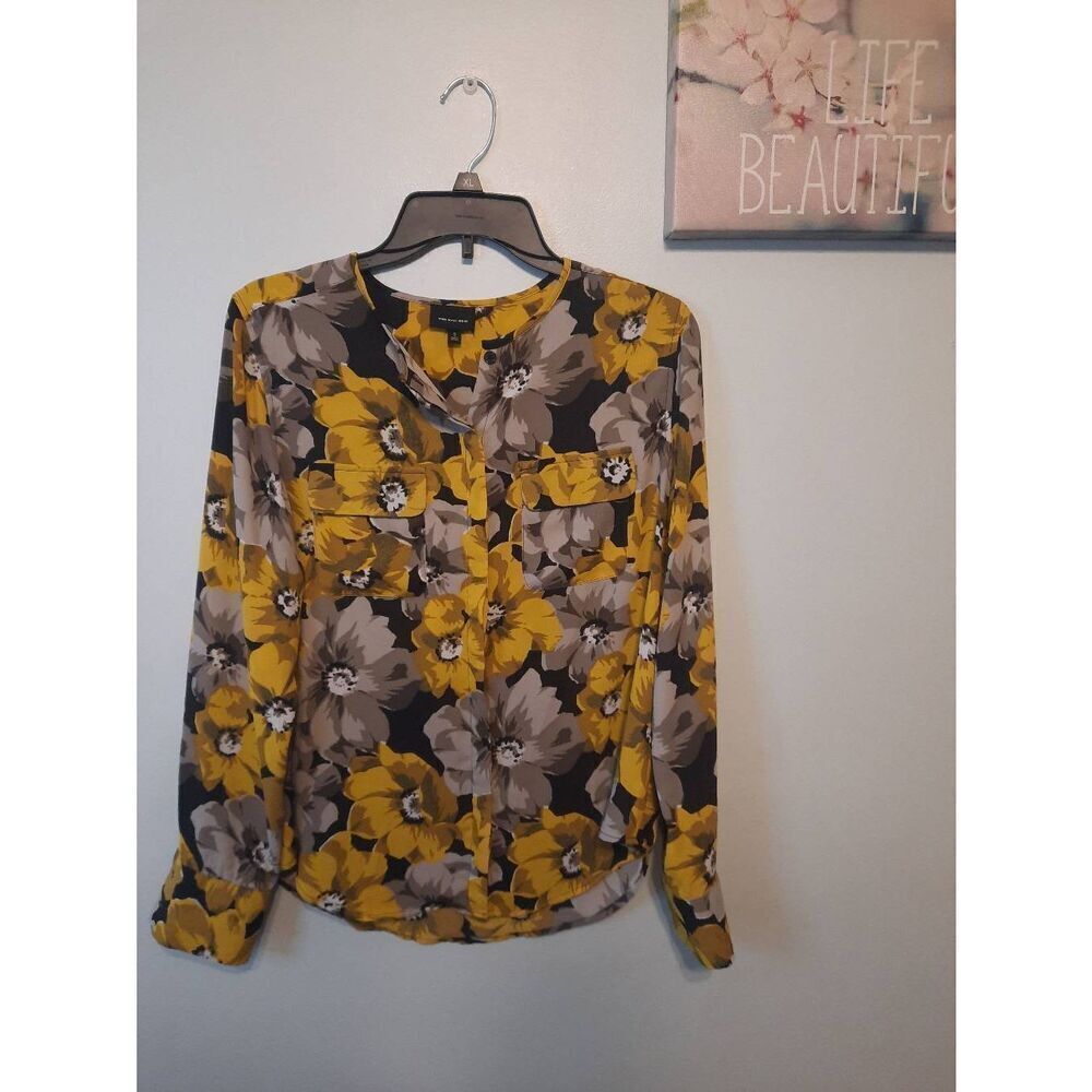 Who What Wear Yellow Black Floral Button Up Long Sleeve Blouse Size S